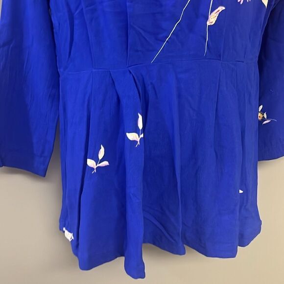 Free People Mock Neck Pullover Royal Blue Floral Drop Shoulder Top- Small - Picture 5 of 11